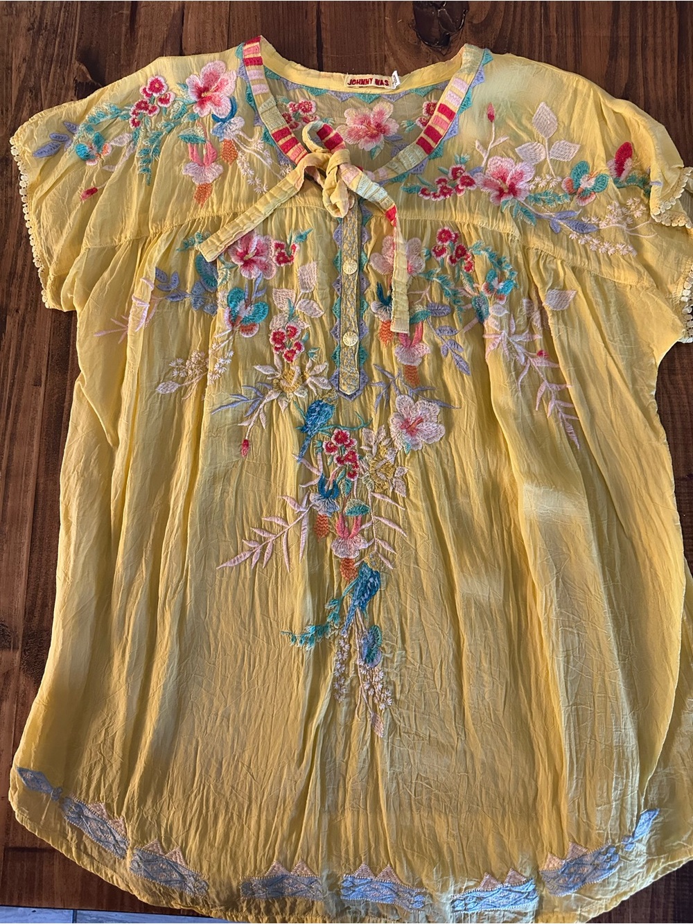 Johnny Was Yellow Floral Embroidered Peasant Blouse